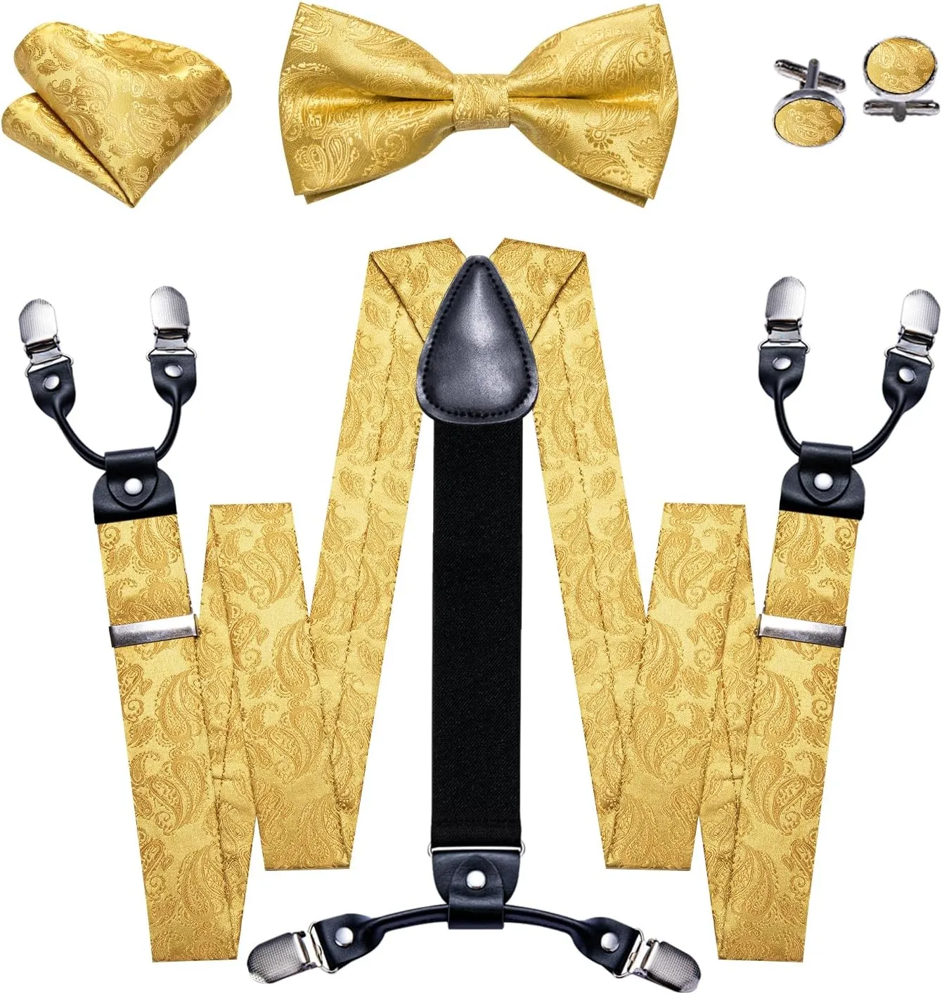 YOHOWA Men's Solid Paisley Suspenders Bowtie Set 6 Strong Clips Adjustable Y-Back Woven Brace Formal Wedding Party Tuxedo
