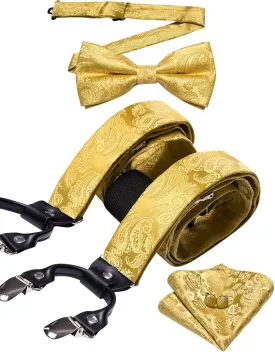 YOHOWA Men's Solid Paisley Suspenders Bowtie Set 6 Strong Clips Adjustable Y-Back Woven Brace Formal Wedding Party Tuxedo