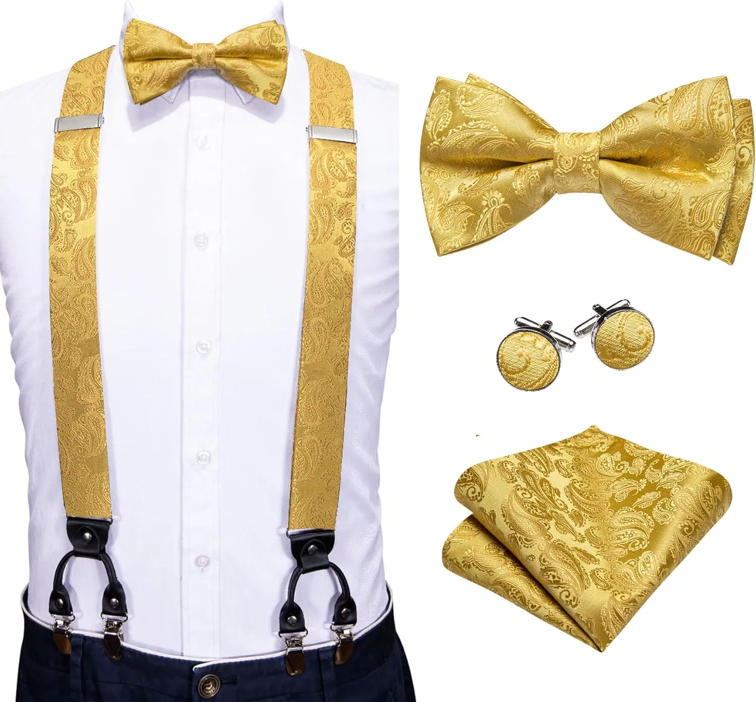 YOHOWA Men's Solid Paisley Suspenders Bowtie Set 6 Strong Clips Adjustable Y-Back Woven Brace Formal Wedding Party Tuxedo